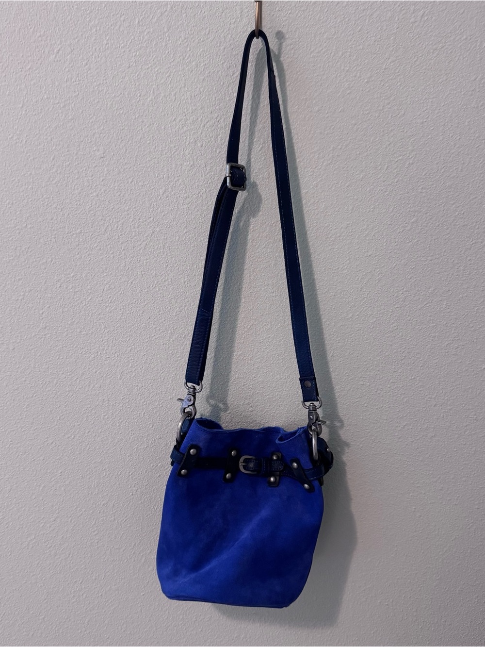 Free People Royal Blue Suede Crossbody Bucket Bag
